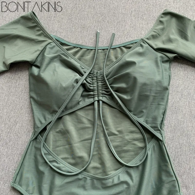 Bonitakinis 2019 с длинным рукавом чистый цвет цельный купальник сексуальный женский