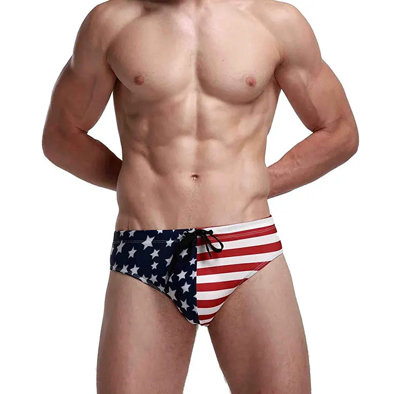 Синий American Flag Swimwear Mens Stars Low Rise Swim Briefs Trunks USA Flag Underwear Sexy Beach Bikini Swimsuit Swimming Surf Shorts - Цвет: Синий