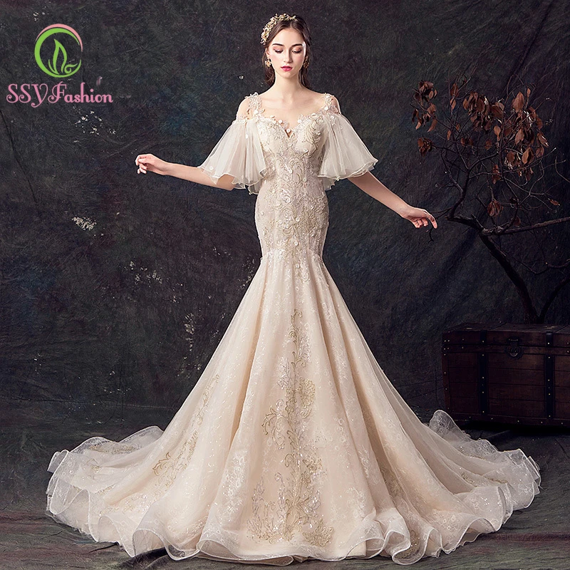 Кружевное платье SSYfashion длина до пола с рукавами-фонариками на шнурках | Свадьбы и