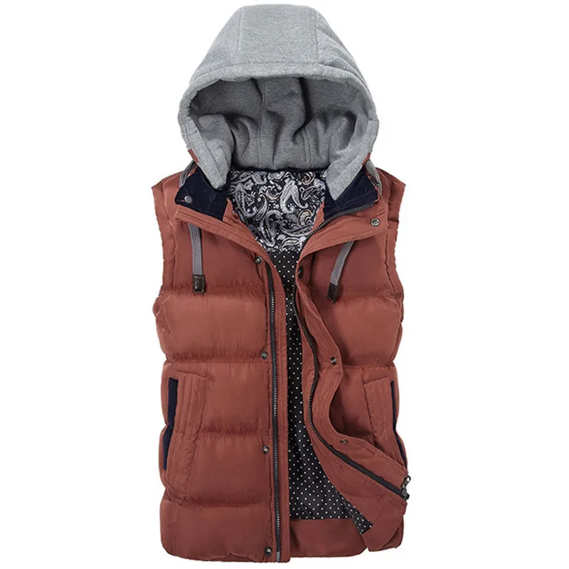 

High Quality Men Casual Vest Winter Coat Hat Detachable Men Waistcoat Sleeveless Jacket Solid Outwear Vest Men 4 Colors