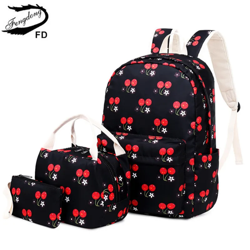 FengDong 3 шт./компл. детские школьные сумки в Корейском стиле для девочек, милый школьный рюкзак с принтом вишни, комплект с сумкой-клатчем, Прям...