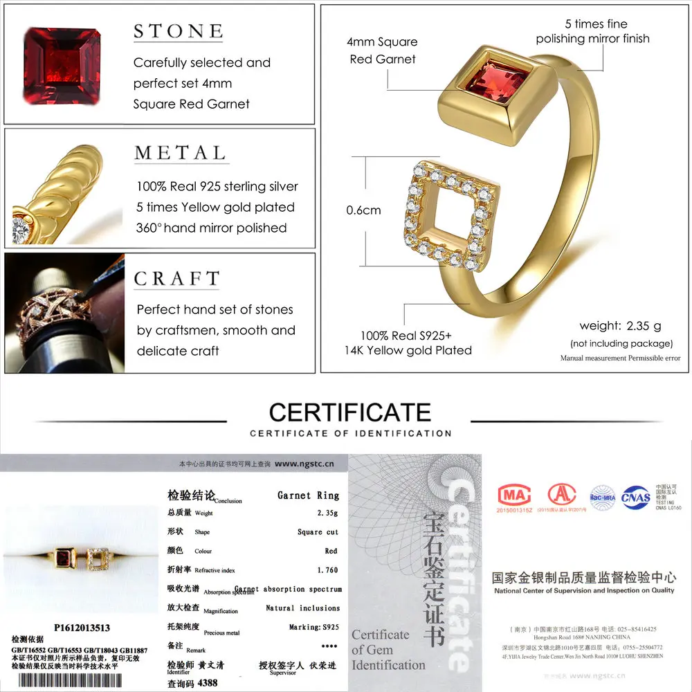 LAMOON S925 Silver Square Rings for Women 0.25ct 100% Natural Red Garnet Gemstone Ring Fine Jewelry Bijoux Wedding Band RI020 | Украшения и