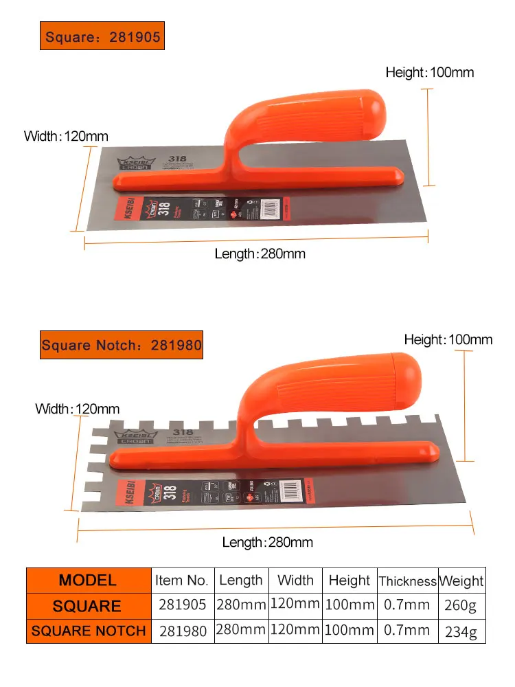 KSEIBI 28x12cm штукатурный чистовой шпатель стальное лезвие ABS пластиковая ручка зубчатый квадрат 12x12mm отделка#281980