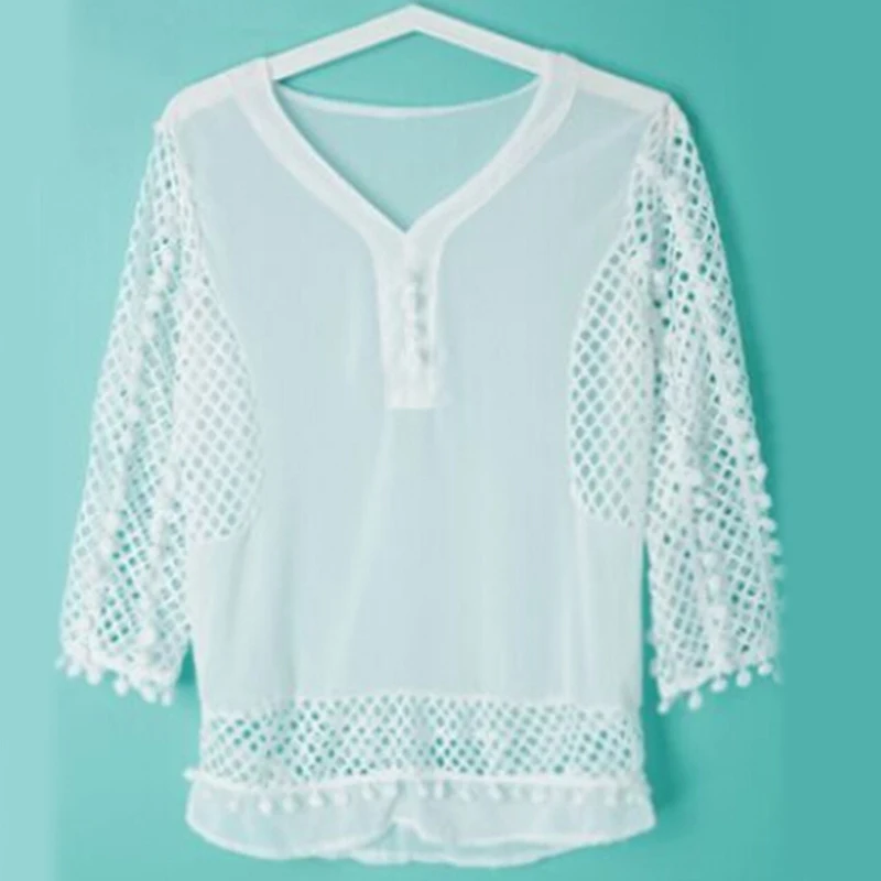 Summer Women Blouses Mesh Tops Three Quarter Sleeve V-Neck White Ladies Sexy Hollow Shirts Tassel Blusas |