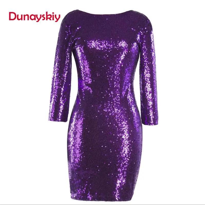 Purple-1 Dunayskiy Women Spring Sexy Slim 8 Colors Sequined O-Neck Dresses Female Backless Three Quarter Sleeve Shiny Mini Party Dresses - Цвет: Purple-1
