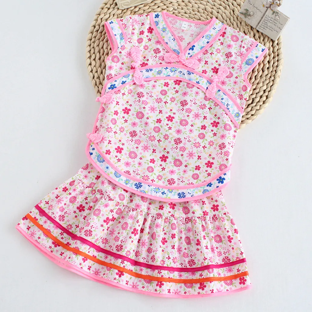 Летняя одежда для детей ясельного возраста платье-Чонсам с цветочным принтом