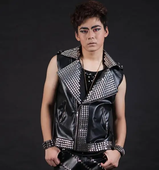 Черная певица сценическая рок мотоциклетная мужская жилетка с заклепками без