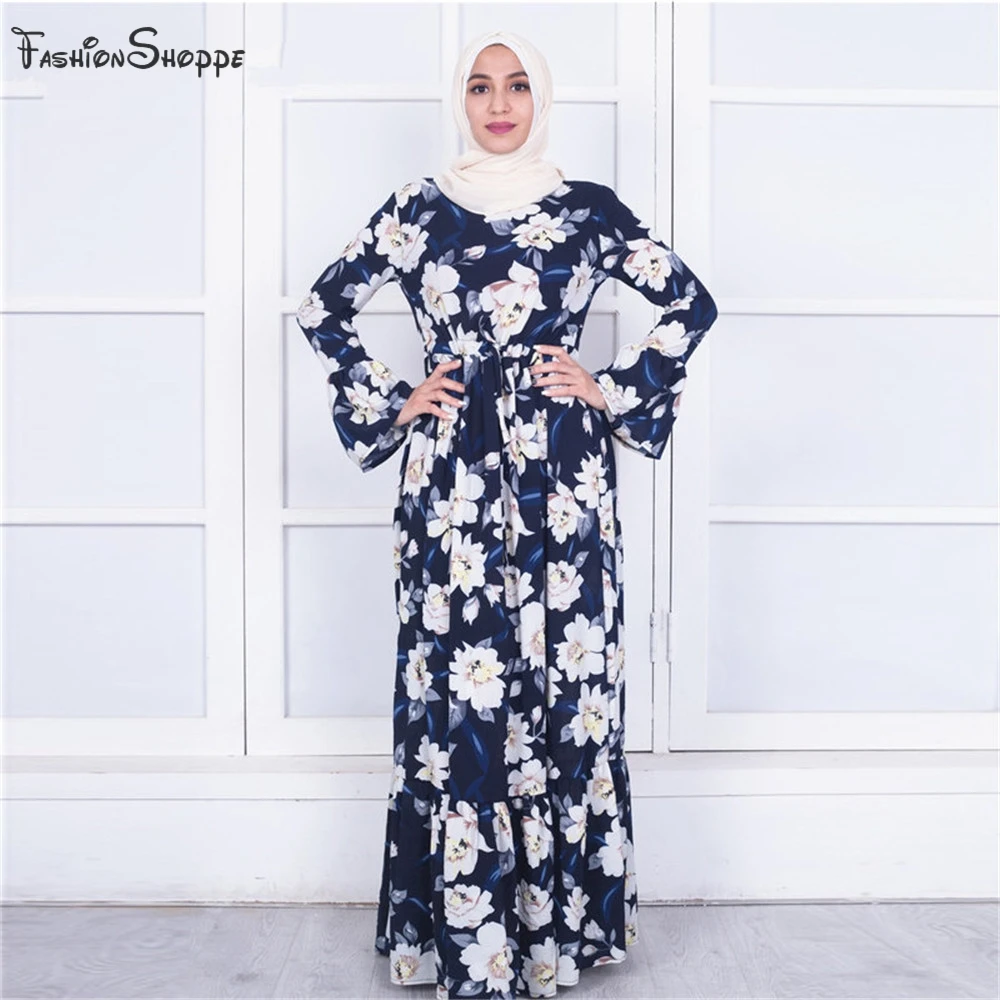 2018 женское темно-синее Макси-платье Турецкая мода мусульманский Дубай цветок