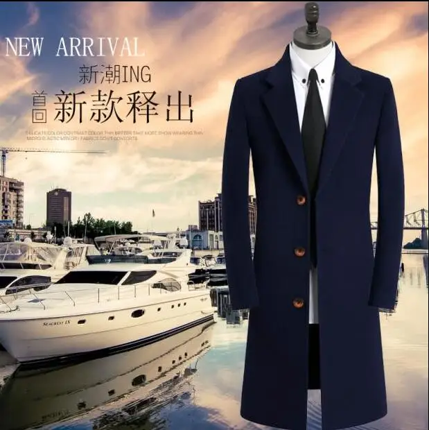 

Blue casual woolen coat men Single-breasted trench coats long sleeves overcoat mens cashmere coat casaco masculino england 9XL