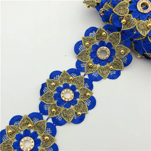 Royal blue 10 ярдов много цветов Floer бисером петелька металлик вышитый мотив кружева Нигерия Венеция отделка крючком шнур Wide7cm - Цвет: Royal blue