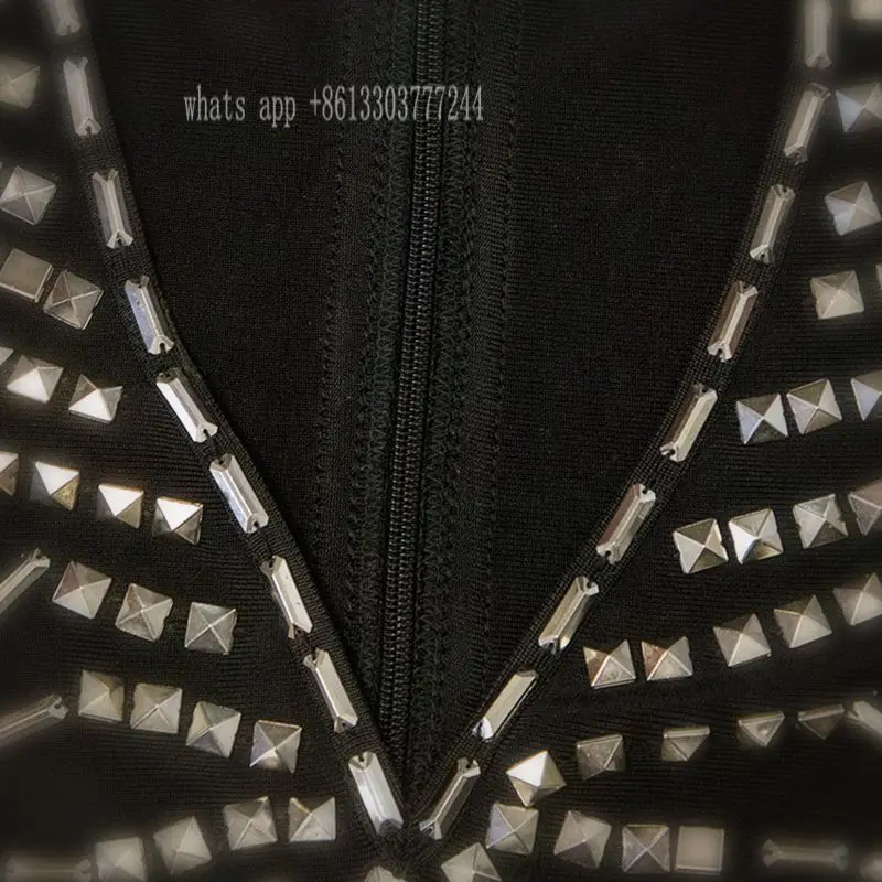 

top quality luxcury rivet long sleeve deep v neck bandage dress women vestidos cocktail gown formal celebrity party dresses