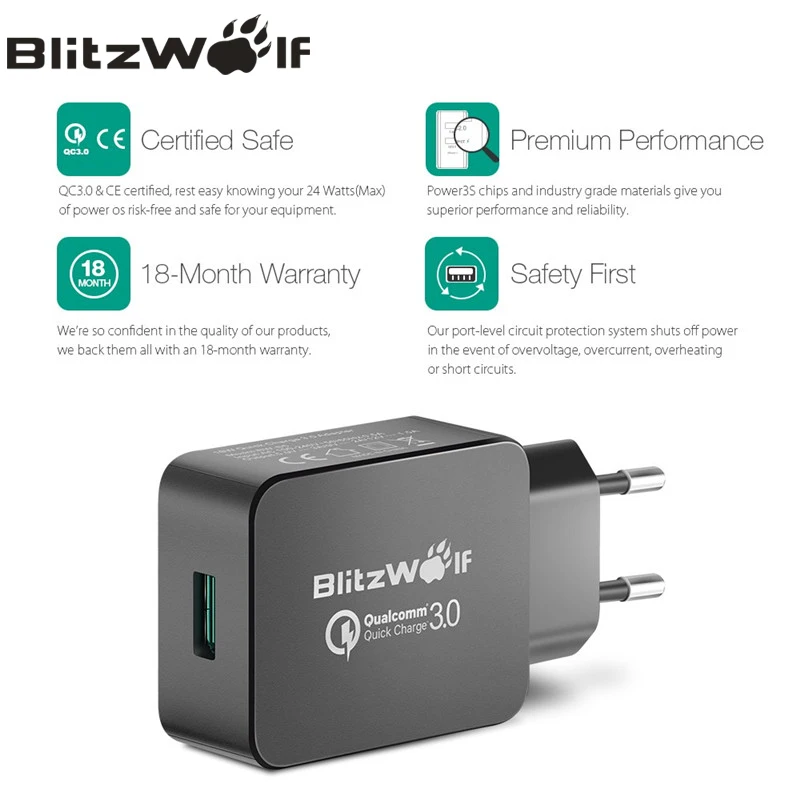Blitzwolf Путешествия стены Зарядное устройство Quick Charge 3.0 USB адаптер ЕС Plug 18 Вт