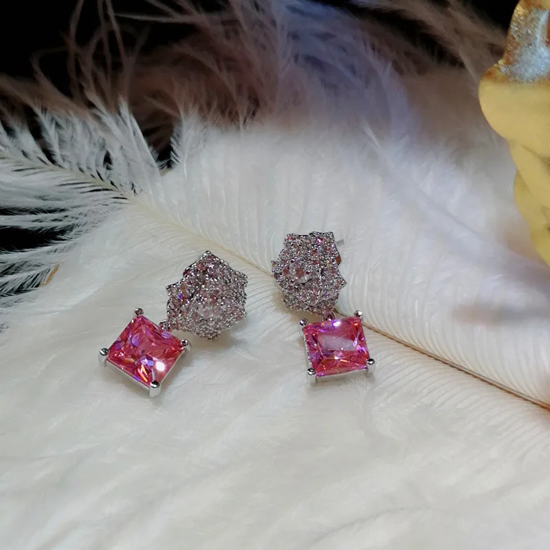 Boho милые женские розовые хрустальные серьги с цирконием маленькие цветочные Винтажные серьги-гвоздики двойные свадебные серьги для женщин