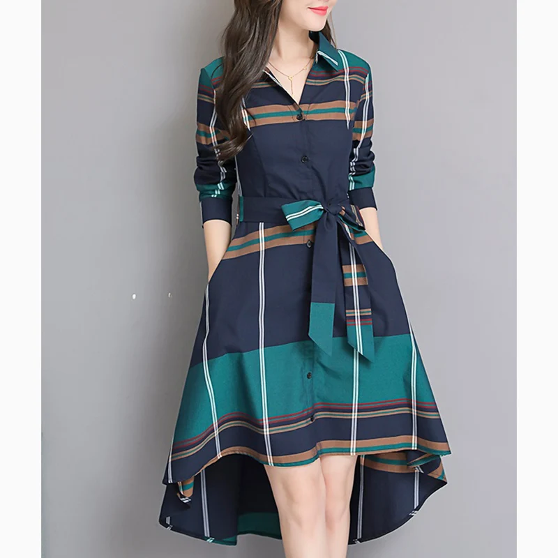 Весенне осеннее Новое Женское асимметричное платье средней длины в клетку