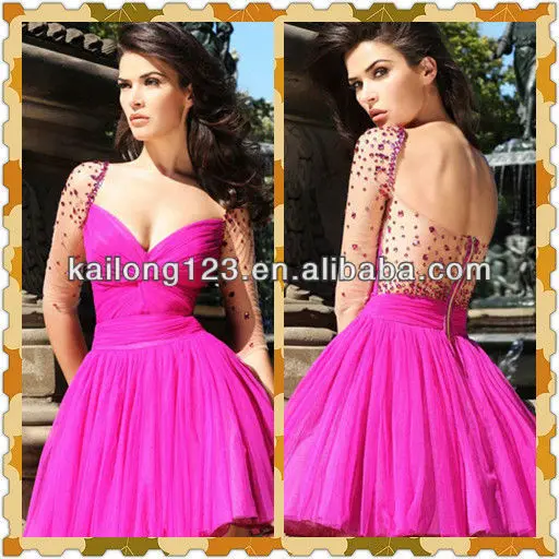 Graceful Sweetheart Jeweled Long Sheer Sleeves Ruched Bodice Net Open Back Fuchsia Pleated Short Tulle Prom Dress | Свадьбы и