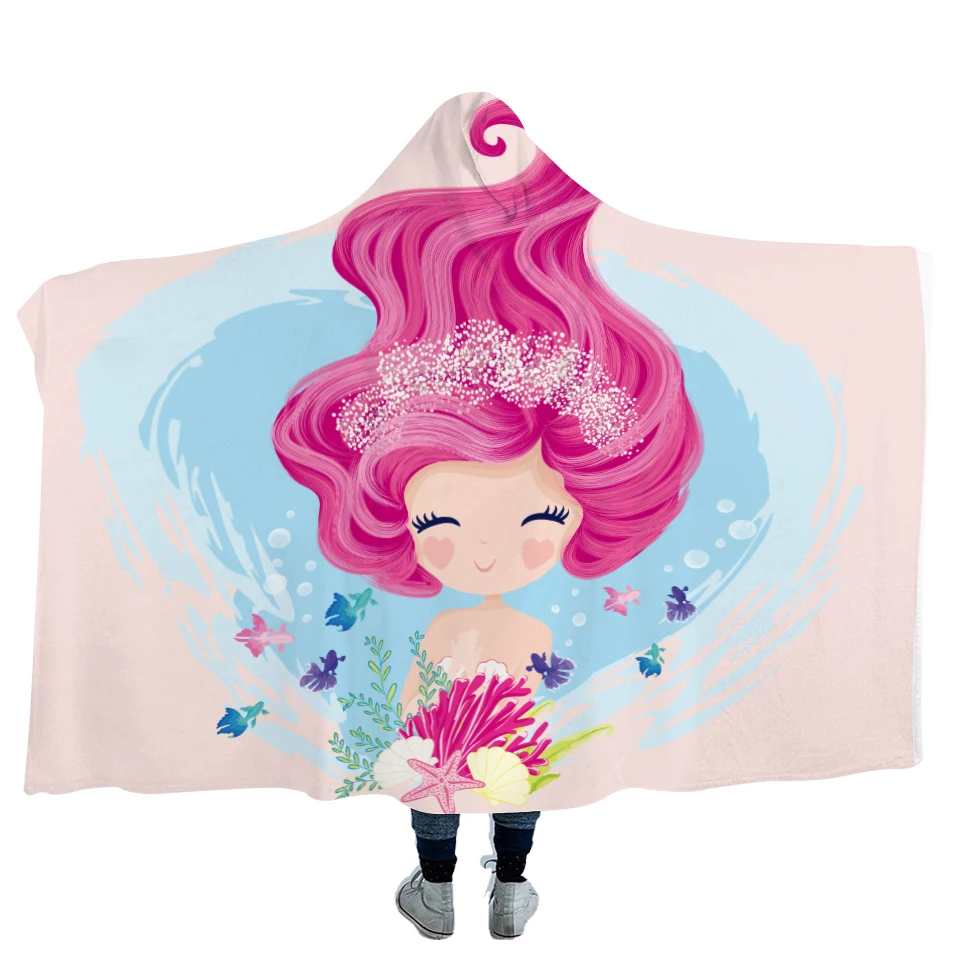 GRIDILANGO Custom Cartoon Pink Mermaid Microfiber Hooded Blanket for Kids Adults Girls Sherpa Fleece Wearable Blankets 150x200 | Дом и сад