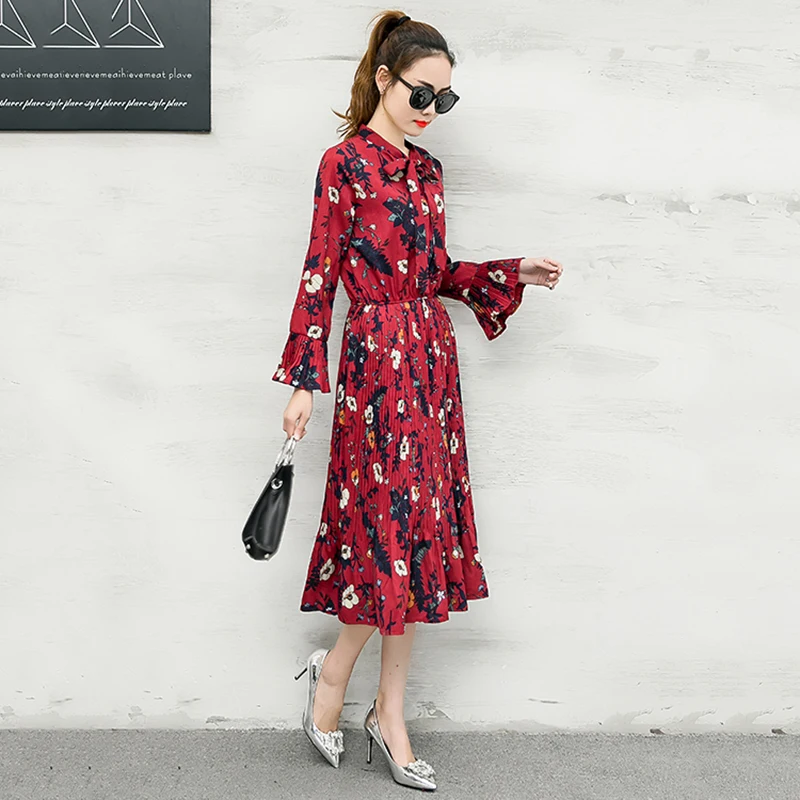 Женское шифоновое платье трапеция с длинным рукавом V образным вырезом и поясом