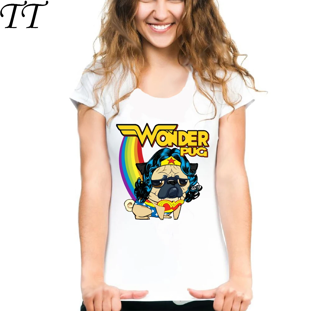 Горячая Распродажа 2017 Летняя мода Женская одежда wonder woman Мопс Футболка Собака