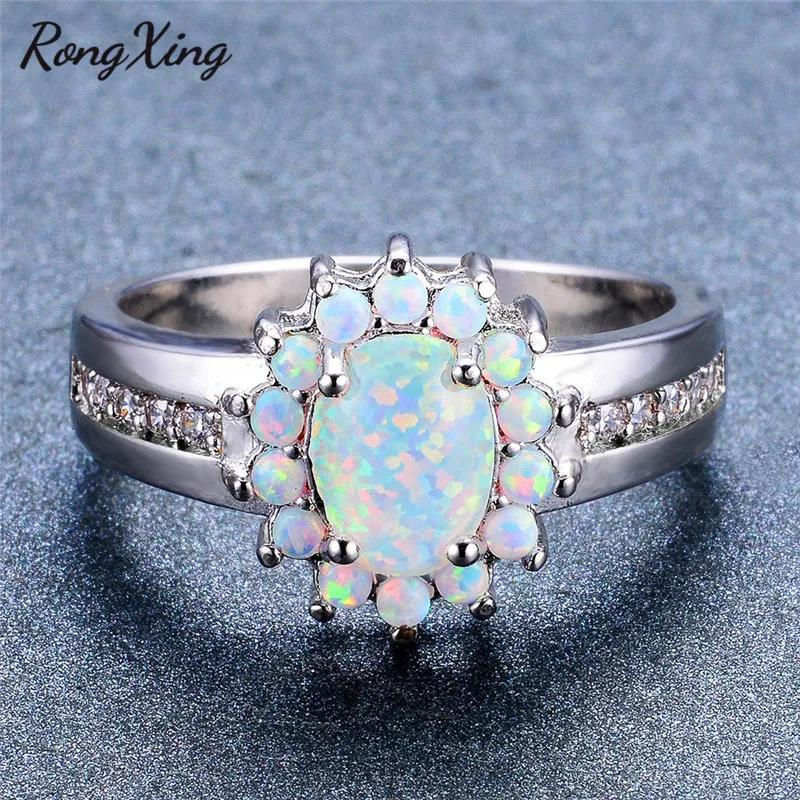 RongXing Stylish White/Blue Fire Opal Oval Birthstone Rings For Women Silver Color Zircon Rainbow Jewelry RP0152 | Украшения и