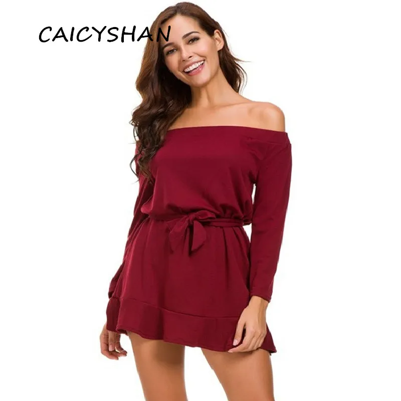 

New Spring Autumn Women Dresses Vestido Plus Size Casual Loose Slash Neck Sashes Solid Long Sleeve Dress For Women One-Piece