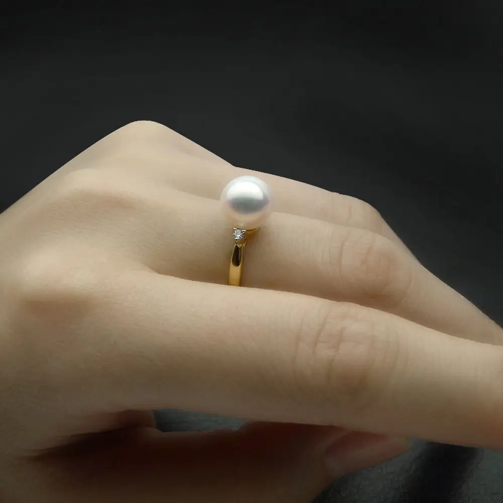 8 5 9 мм Круглое Белое подлинное кольцо Akoya с жемчугом и бриллиантом 18K желтое
