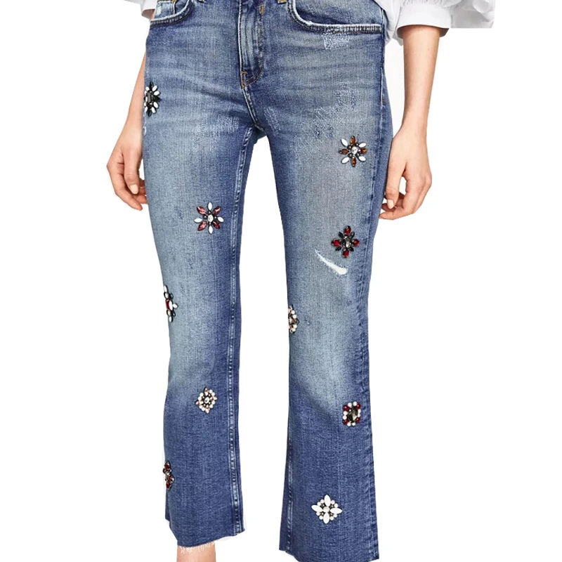 Женские джинсы с высокой талией и вышивкой облегающие эластичные брюки объемным