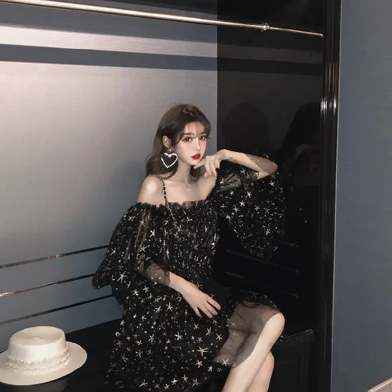 MSSNNG 2019 Summer New Korean Sexy Word Collar Strapless Stars Loose Mesh Dress Fairy Formal Women Elegant | Женская одежда