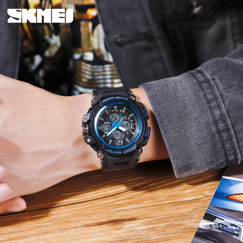 Спортивные мужские часы SKMEI цифровые светящиеся с двойным дисплеем 5 бар