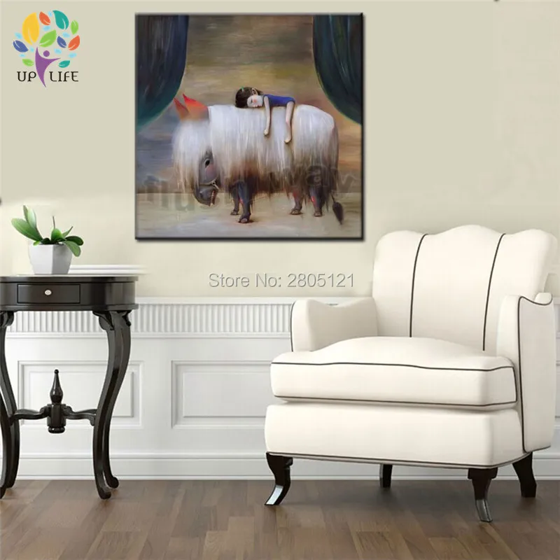 hand painted chinese artist original painting little sleeping girl and the big pet unique design kids child room canvas art | Дом и сад