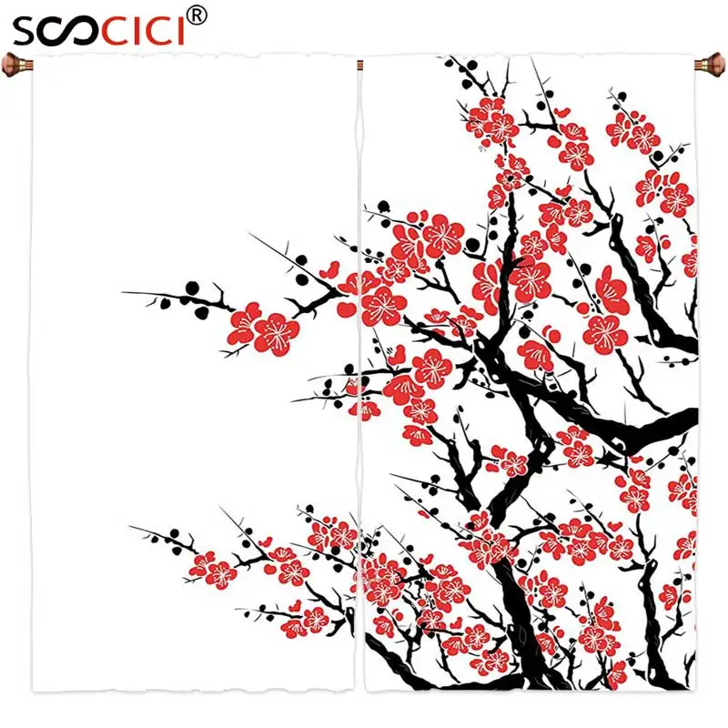 Занавески на окна обработаны 2 панелями Азиатский Декор Коллекция цветение сливы