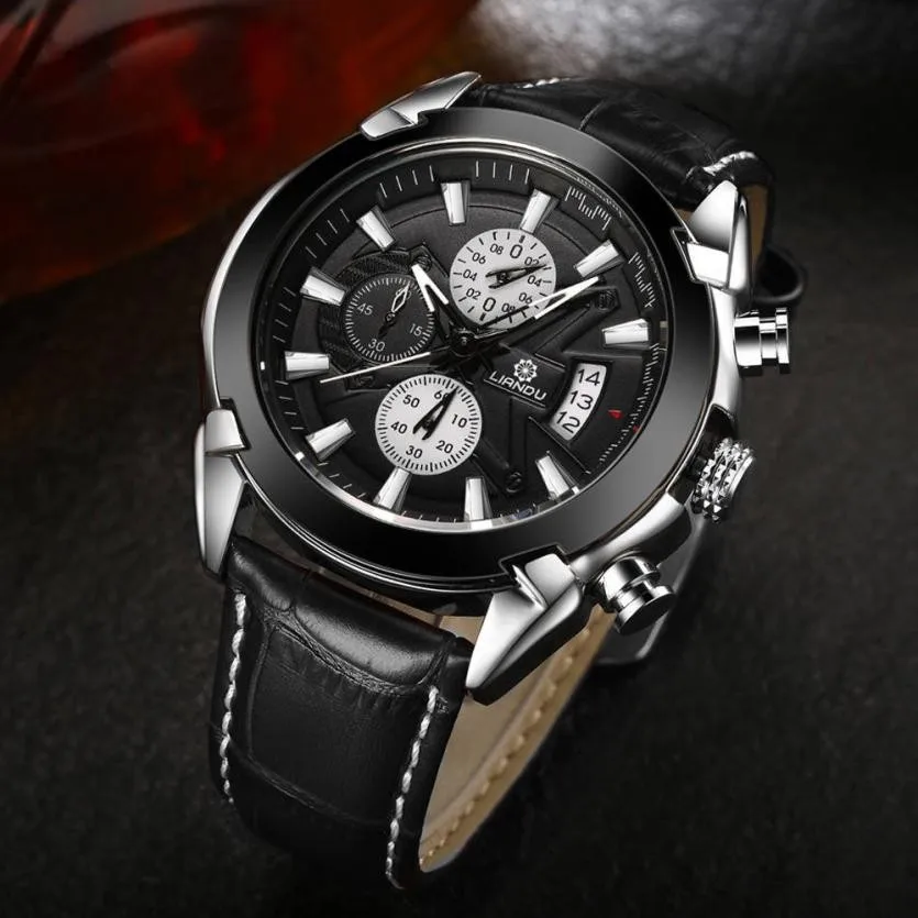 LIANDU Роскошные модные кожаные мужские Кварцевые аналоговые наручные часы из