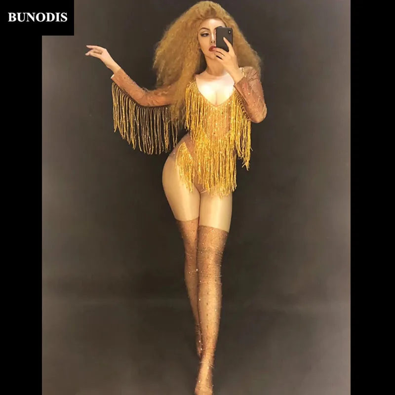 ZD344 Women Sexy Gold Tassel Bodysuit Stage Wear Dancer Singer Bling Costumes Nightclub Party Performance Show Time Clothing
