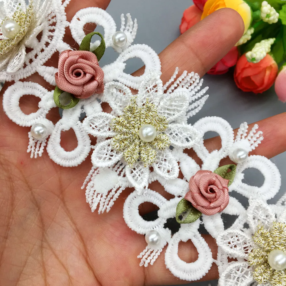 2 ярд растворимый хлопок цветок вышитый бант жемчужная кружевная отделка