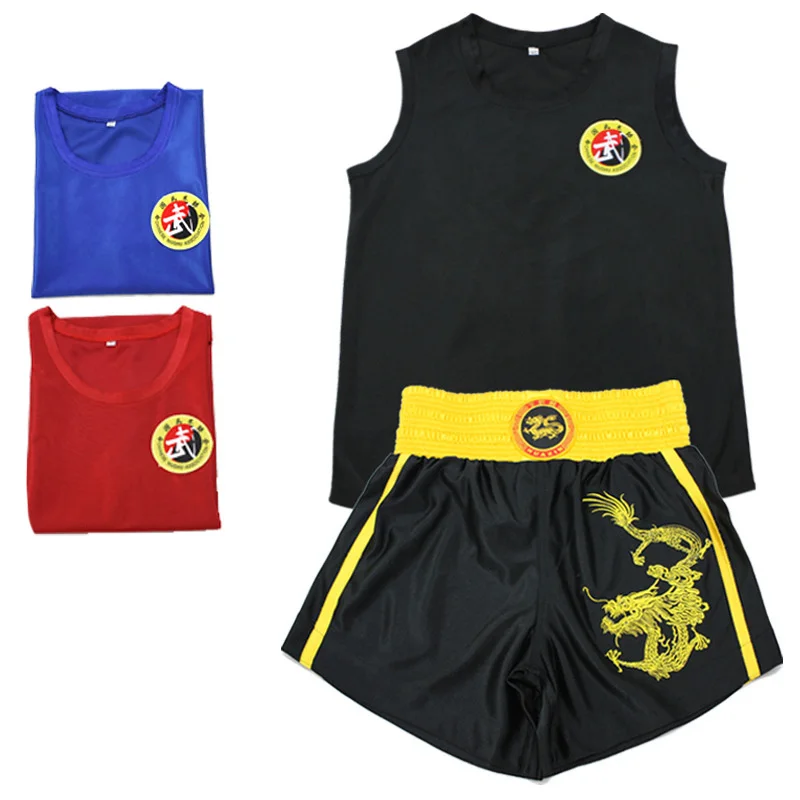 

08 Kick Boxing Uniforms Tank+Shorts MMA Muay Thai Boxing Suits Man Sanda Kungfu Wushu Suits Kids Boxing Wushu Clothes