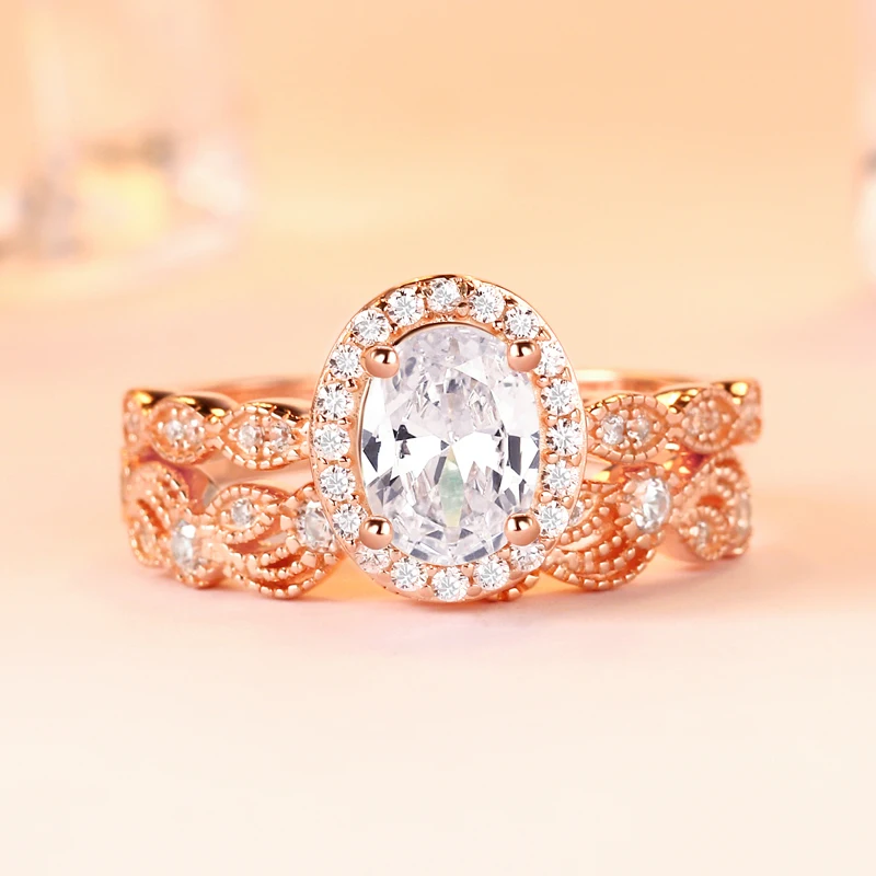Романтическое розовое золото овальный вырез прозрачный 1.0ct CZ кружевная рамка