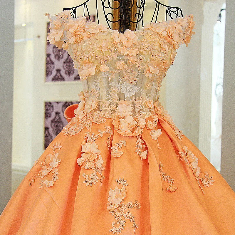 Длинное вечернее платье LS60080 оранжевое и цвета слоновой кости длинное с плеча