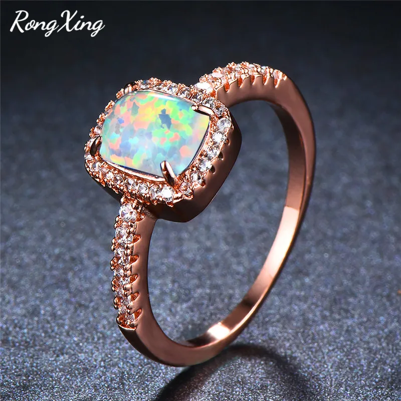 RongXing Blue/Green/White Fire Opal Square Rings For Women Rose Gold Filled Rainbow Stone Zircon Birthstone Ring Jewelry RR0090 | Украшения