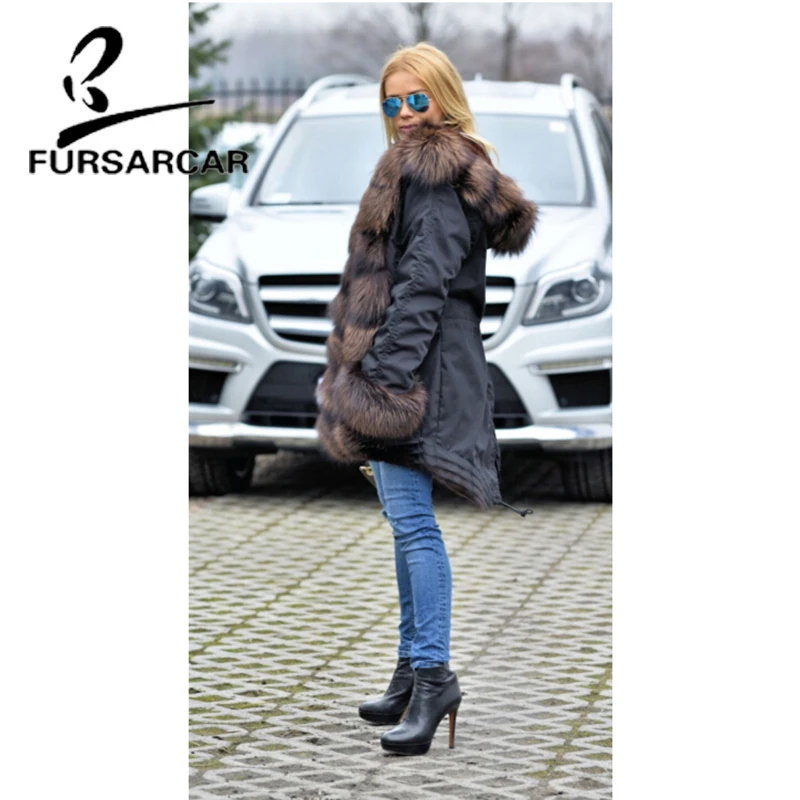 FURSARCAR Luxury New Real Fur Coat Women 80 CM Length Top Quality Winter Thick Warm Fur Parka With Fox Fur Trim Hood And Cuff