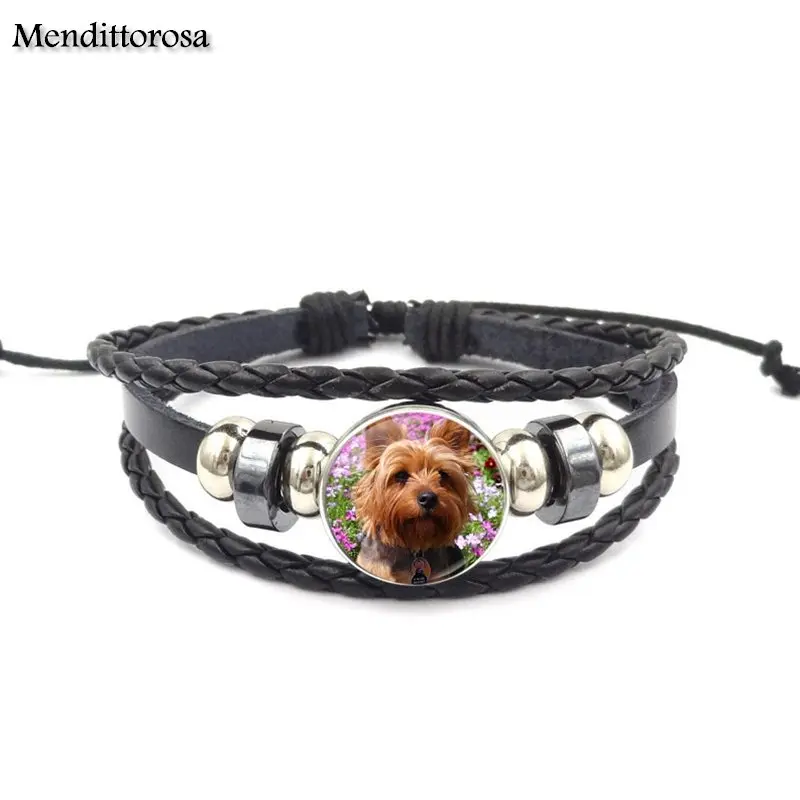 Mendittorosa Cute пес Шарпей Jewelry стеклянный кабошон черный кожаный браслет для унисекс |