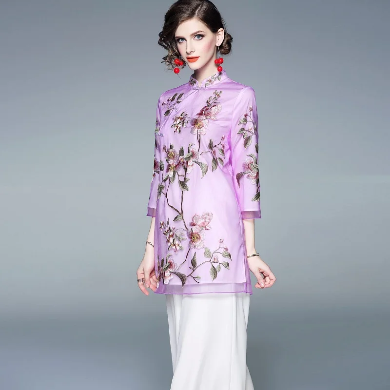 Женское платье с вышивкой Qipao фиолетовое и желтое большого размера XXL весна лето