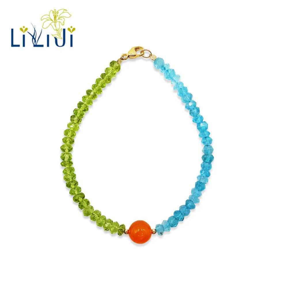 

Lii Ji Natural Gemstone Blue Apatite,Peridot,Carnelian 925 Sterling Silver 18K Gold Plated/9K GF Bracelet