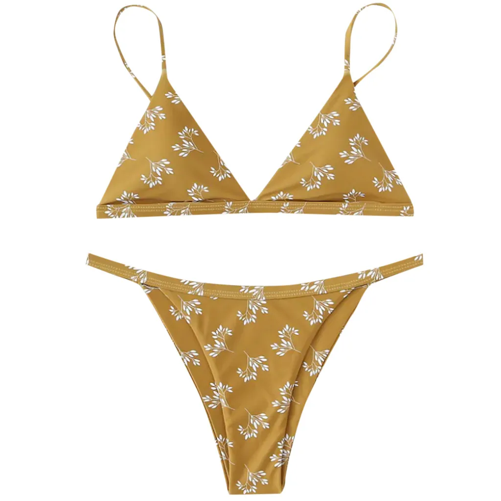 Для женщин пуш ап бюстгальтер Винтаж печатные желтый пляж из двух частей краткое