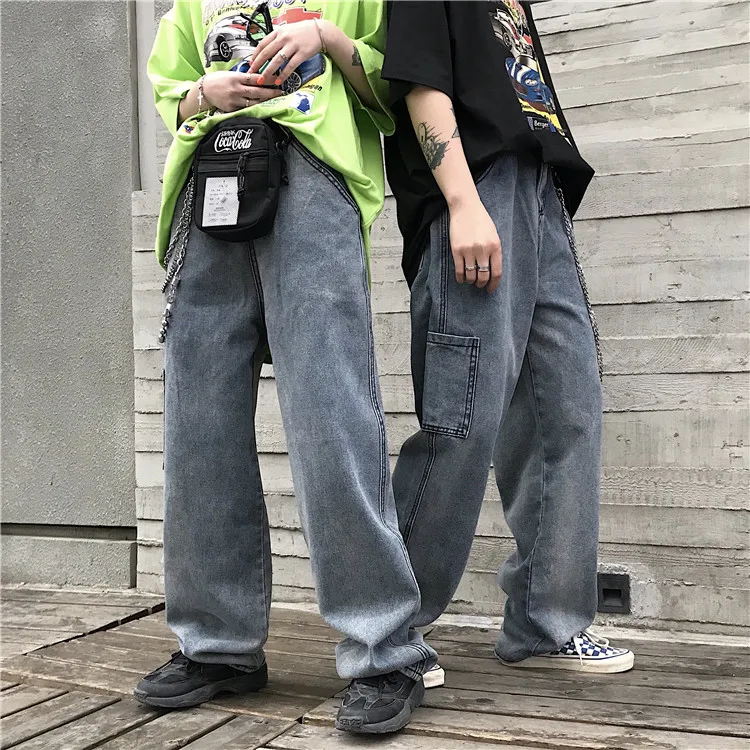 Новинка лета, корейский стиль ulzzang Harajuku, винтажные джинсы с низкой талией, шикарные уличные свободные прямые женские повседневные джинсы с карманами в стиле хип-хоп