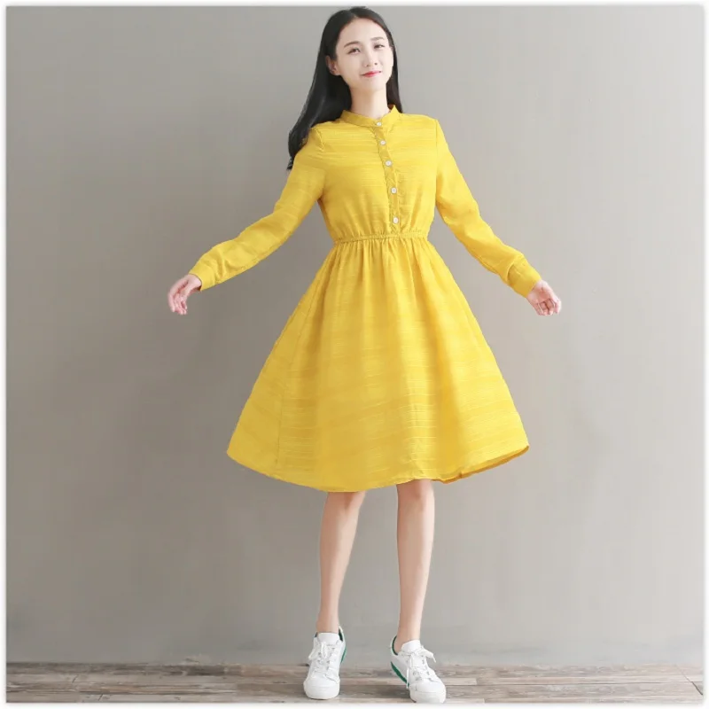 Демисезонный Mori Girl Для женщин одноцветное платье Стенд воротник Желтый Vestidos Feminino