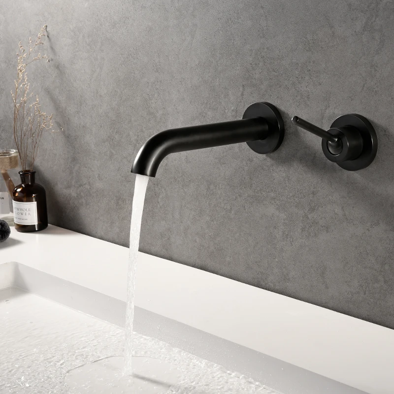 Matte Black Brass Wall Mounted Basin Faucet Single Handle Bathroom Mixer Tap Hot Cold Sink Rotation Spout | Обустройство дома