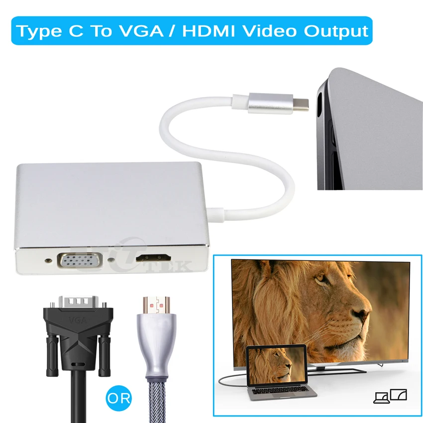 USB-C HDMI 4K VGA Video Adapter with 3Ports USB 3.0 HUB 3.1 Type C (Thunderbolt 3 ) Converter for New MacBook / Chromebook |