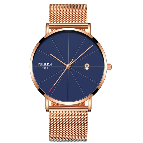 rose gold blue m Saat Nibosi, роскошные Брендовые Часы для мужчин, сетчатый ремешок, модные простые часы, мужские черные ультра тонкие часы для мужчин, Relogio Masculino - Цвет: rose gold blue m