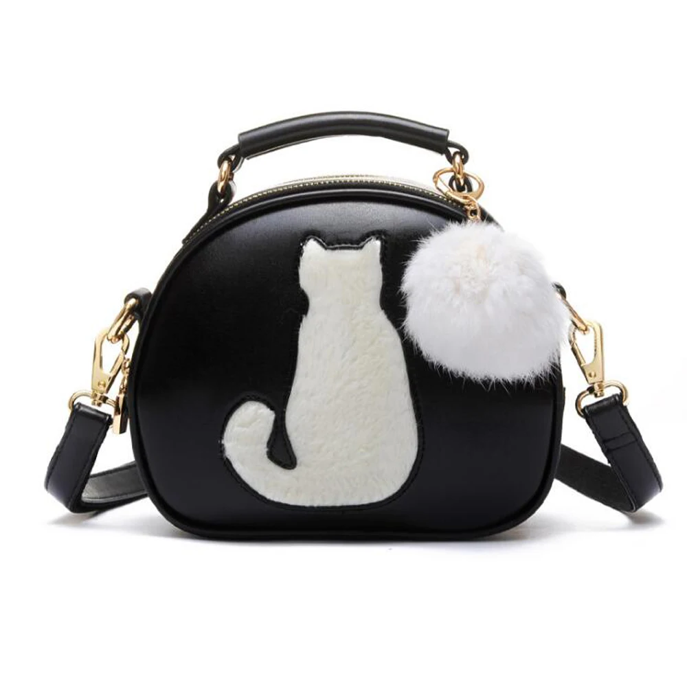 Женские сумки через плечо женские crossbody кожаные с меховым помпоном женщины кошки