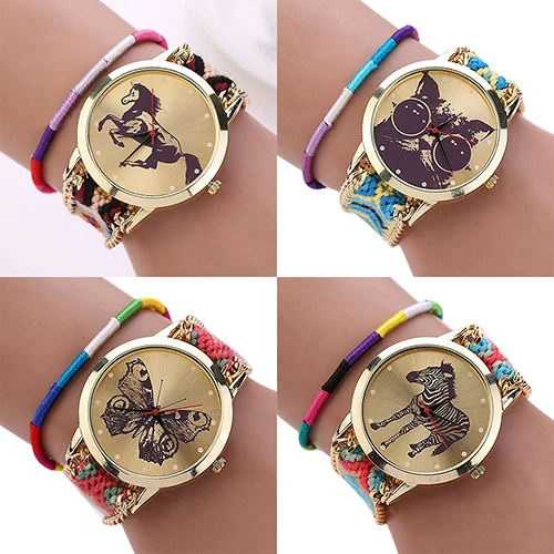 Женская Мода для Животных Pattern Смотреть Knited Сплетенный Веревка Браслет Кварцевые