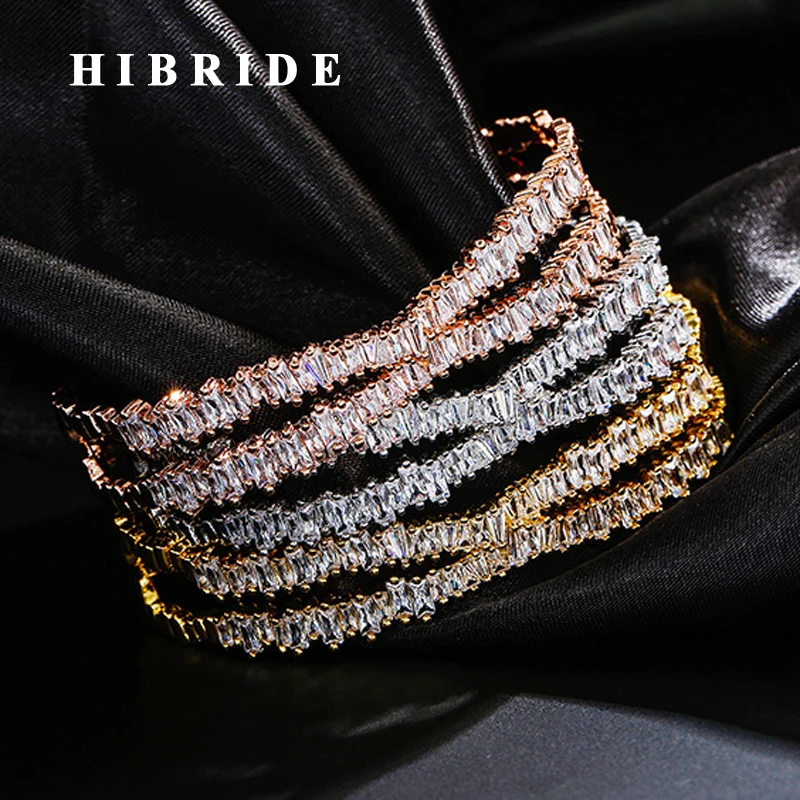 

HIBRIDE New Luxury Cubic Zircon Baguette Women Cuff Bangle & Bracelets For Bridal Pulseras Mujer Jewelry B-139